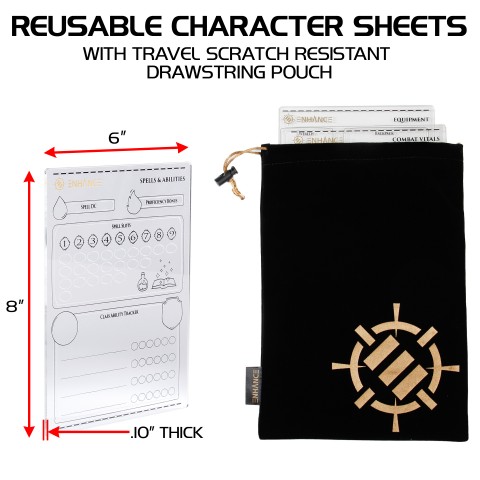 ENHANCE Tabletop Acrylic Character Sheet Set - Reusable 5e DnD Character Sheets - Clear