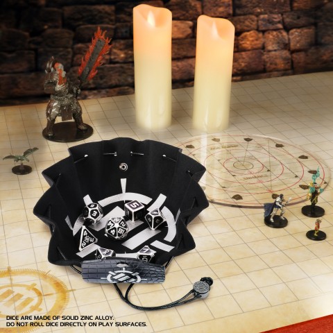 ENHANCE DnD 7pc Metal Dice with 2-in-1 Dice Bag/Tray (Collector Edition Black) - Dragon Black